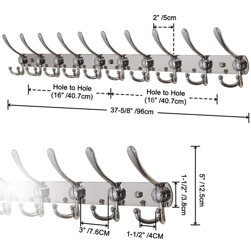 Dseap Coat Rack Wall Mount - 38â€ Long 10-Tri-Hooks Heavy Duty Coat Hanger Rail Wall Hooks for Hanging Coats Hats Clothing Clothes Purse Mudroom Entryway, Chromed - Image 2